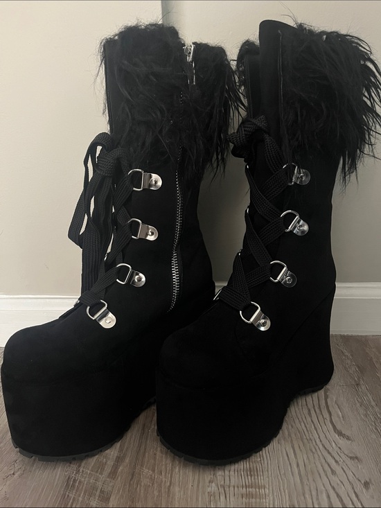 Dolls Kill Shoes - ‼️NWT‼️Dolls Kill X Widow Conflicted Galore Black Faux-Fur Platform Boots Size 9
